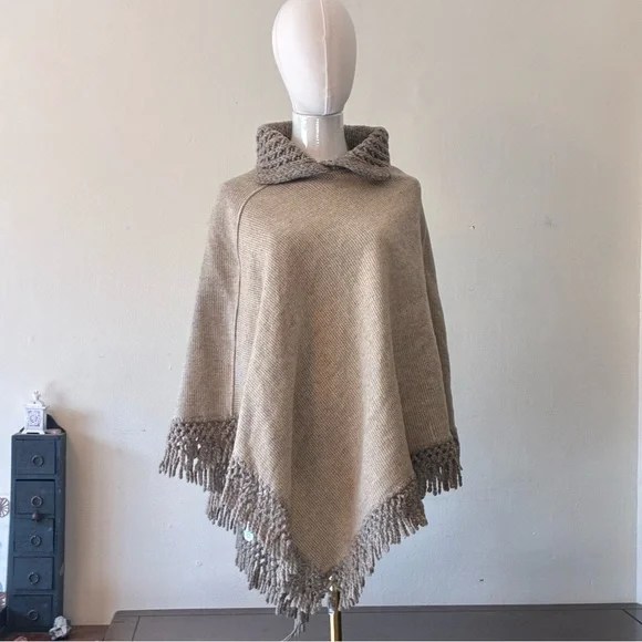 Handmade Beige Knit Wool Blend Poncho with Fringe - Picture 1 of 11